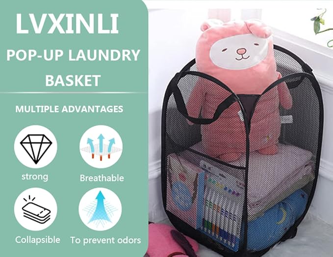 2 Pack Popup Laundry Hamper,Foldable Mesh Laundry Basket with Durable Handle,Easy to Open and Fold for Dorm, Laundry Room, Bedroom, RV(Black and Black)…