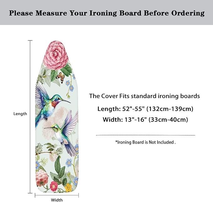 GLENLCWE Blue Hummingbird Peony Ironing Board Cover,Standard Size Iron Pad Covers Non Slip with Hook and Loop,Thick Padding Iron Board Cover Washable