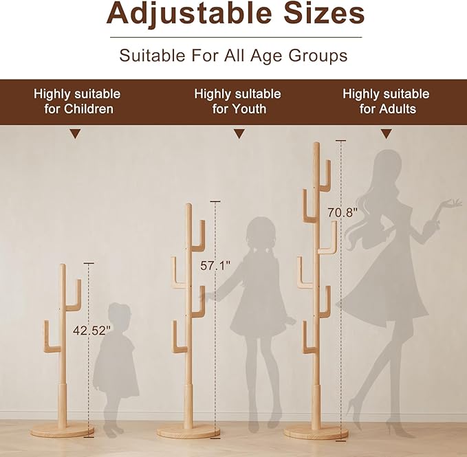 Solid Wood Cactus Coat Rack, Freestanding Coat Rack With 6 L-Shaped Hooks and 3 Adjustable Sizes, Coat Tree for Bedroom, Entryway, Livingroom, Coat Hanger Stand for Coats, Handbags (Natural)