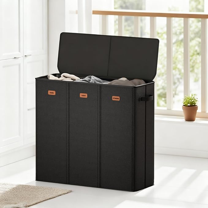 185L Laundry Hamper 3 Section with Lid, Black Dirty Clothes Hamper with 3 Removable Laundry Bags, Large Laundry Basket for Bedroom, Laundry Room, Dorm