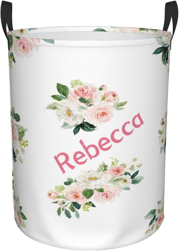 Pink Florals Leaves Customized Laundry Basket Clothes Hamper with Name Collapsible Waterproof Large Capacity Organizer Storage for Living Room.