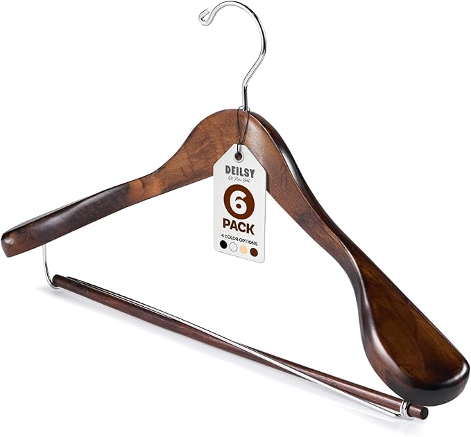 Wide Shoulder Wooden Suit Hangers with Non-Slip Pants Bar & 360° Swivel Hook - Smooth Finish Coat Hangers for Men and Women - Heavy Duty Clothes Hanger – Pack of 6