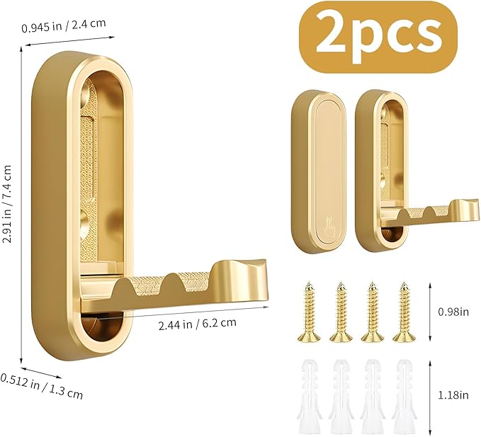 2Pcs Foldable Wall Hooks, Zinc Alloy Folding Hook Gold, Heavy Duty Folding Coat Hooks Wall Mounted for Hanging Coat Towels Bags Keys (Gold, 2 Pack)