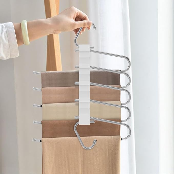 2 Pack Pants Hangers Space Saving, Anti-Slip Multi-Functional Pants Rack, Thickened Stainless Steel Tube with 10 Metal Clips, Two Hanging Modes Suitable for Jeans Trousers Skirts Scarf-White