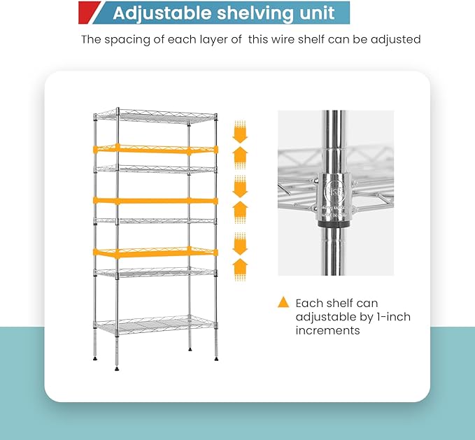 5-Tier Heavy Duty Metal Storage Shelves, NSF Certified Adjustable Wire Shelving Unit with Leveling Feet, 750 LBS Capacity Metal Rack for Garage, Kitchen, Pantry,Office,Chrome, 21.5"L x 11.6"W x 47.6"H