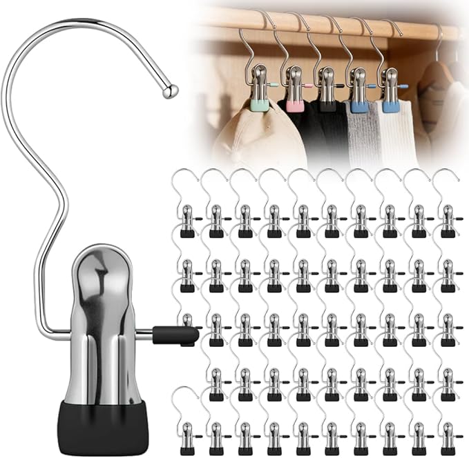 50 Pcs Heavy Hanger Clips for Closet, Multi Functional Clips with Hook for Hanging Clothespin, Hook Hangers with Clips for Clothes Pants Hats Socks and Boots (Black)