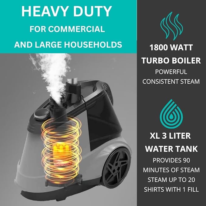 True & Tidy Heavy Duty Commercial Full Size Standing Garment Steamer for Clothes with Extra Large 3L (101 oz) Water Tank for 90+ mins of Steam Time, 1800 watts of Powerful Steam, 3 Settings, Gray