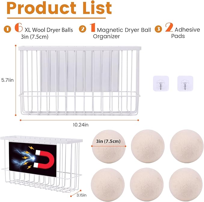 Magnetic Dryer Ball Holder Plus 6 XL Wool Dryer Balls from New Zealand Wool – Laundry Dryer Balls Organizer & Storage, Magnetic Basket for Dryer Balls, Space-Saving & Easy Tool-Free Installation