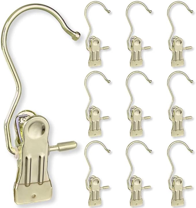Hangers Clips,Stainless Hooks for Closet Hooks,Heavy Duty Clothespins Laundry Hanging Hooks,Travel Portable Clothes,Boot Tall Towel Hats Socks Pants and Bras (10, Gold)