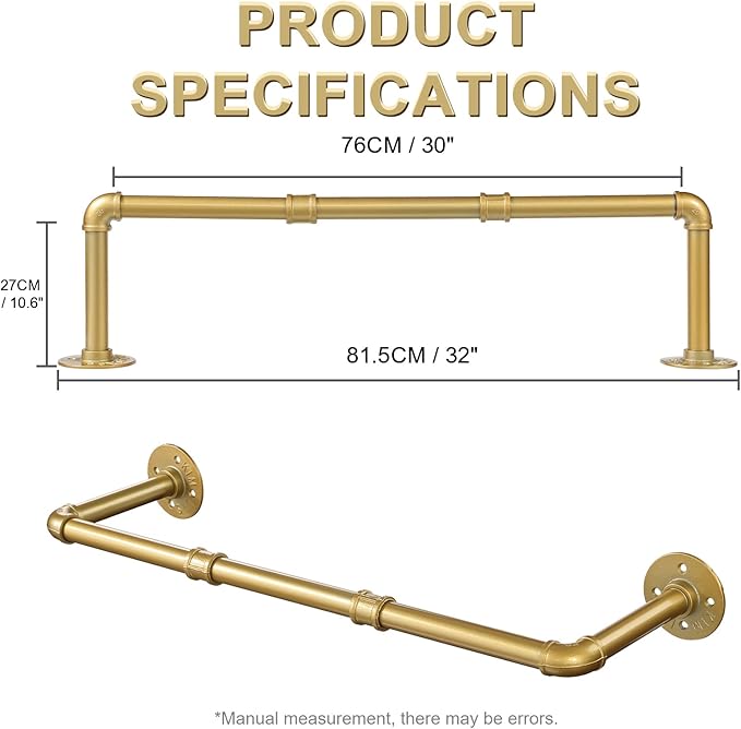Industrial Gold Pipe Clothing Rack, Wall Ceiling Mounted Clothes Garment Rack 30'', Iron Golden Pipe Clothes Hanging Bar, Heavy Duty Metal Rod for Retail Display Closet Storage