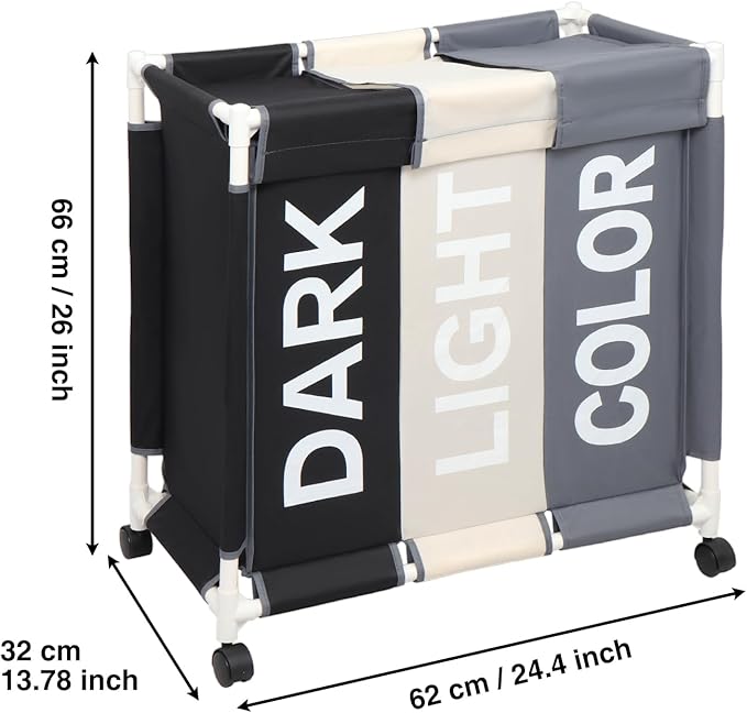 Laundry Sorter 3 Section Laundry Hamper Basket with Rolling Wheels Laundry Organizer Cart for Bathroom Bedroom Nursery (White+Grey+Black)