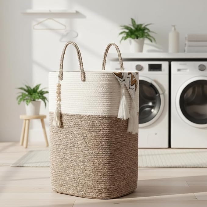 80L Tall Woven Laundry Hamper – Large Foldable Storage Basket with Handles for Clothes, Blankets, Toys, Bathroom, Living Room, Nursery Decor