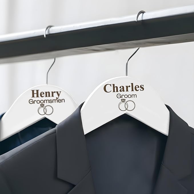 Personalized Bride and Groom Hangers With Custom Name and Date - Engraved Wood Bridal Party Hangers, Bridesmaid Gifts, Wedding Dress Hanger - White - 2 Pack