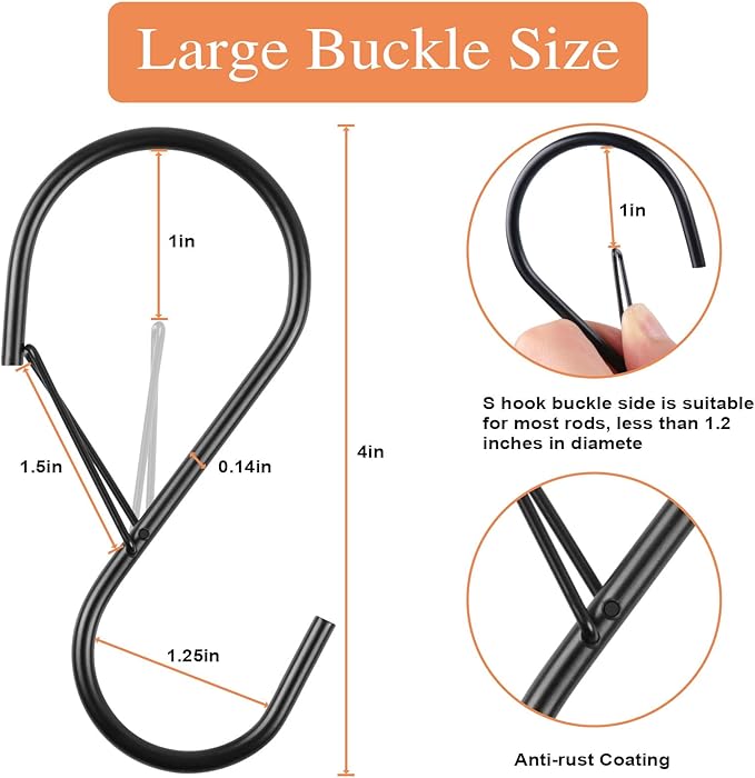 4 Inch 16 Pack Large S Hooks for Hanging with Safety Buckle,Heavy DutyS Hooks for Hanging Plants, Metal Black S Hooks, Closet Hooks for Bird Feeders, Jeans, Clothes, Pots, Pans, Towels, Kitchen, Bags