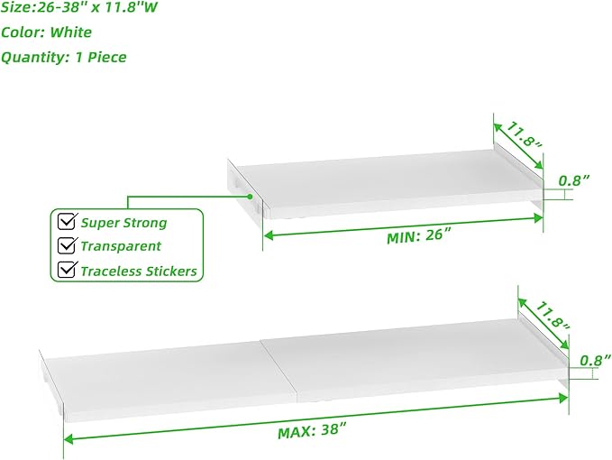 SANNO Adjustable Shelf Organizer for Closet, 17-31" Tension Shelf with Heavy-Duty Adhesive - DIY Expandable Shelf Dividers for Cabinet, Pantry, Wardrobe, Kitchen, 2 Pack