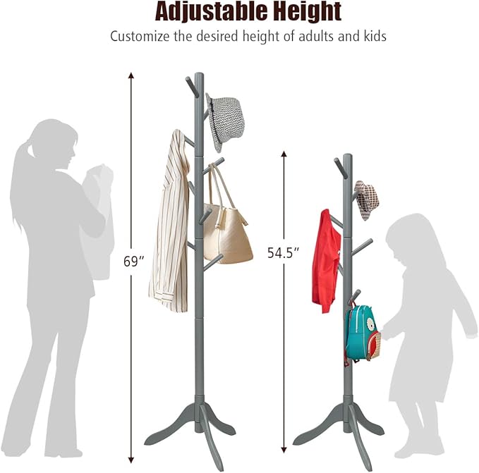 S AFSTAR 8-Hook Coat Rack Freestanding, Wood Coat Tree With 3 Adjustable Height, Standing Jacket Hanger for Hats Purses Scarves, Easy Assembly, Clothes Hanger Stand for Bedroom Entryway (Grey)