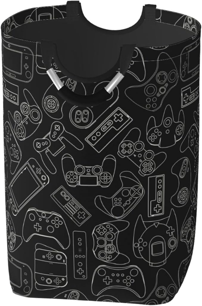 Video Game Controller Black Background Large Laundry Hamper Gaming Theme Storage Basket Toys Clothes Organizer Bin For Home Bathroom Bedroom Dorm Nursery, 60l