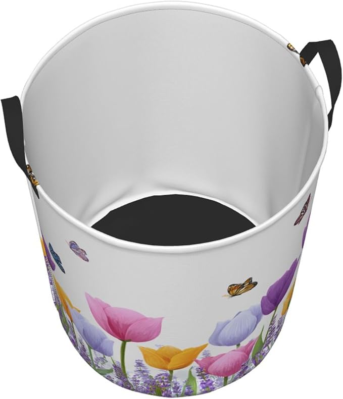 Floral Tulip Laundry Hamper, Collapsible Storage Basket with Handles for Clothes, Bedroom, Bathroom 19.6 x15.7 Inch