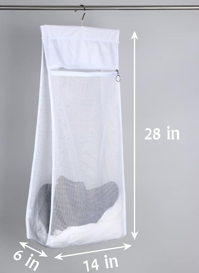Jelier Hanging Mesh Laundry Basket,Collapsible Fabric Laundry Hamper with Rotatable Hanger,Portable Storage Bag for Apartment,RV,Camper,Cabin,College Dorm Use (white)