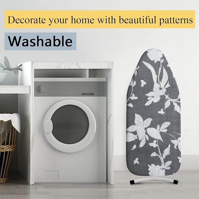 Small Ironing Board Cover Scorch Resistant, Cotton Table top Ironing Board Cover with Padding Heat Reflective Heavy Duty Pad (Grey Floral, 12.5"x32")