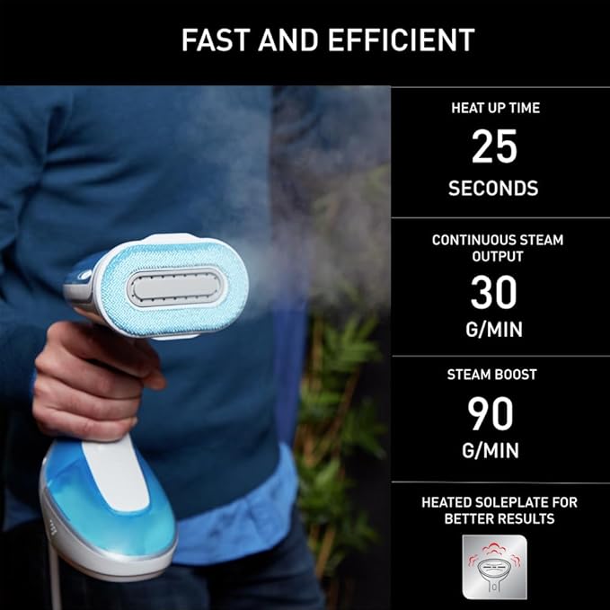 Rowenta, Steamer for Clothes, Pure Tex 4-in-1 Steamer, 1700W, XL 6.8 Ounce Water Tank, 25 Second Heat Up, Powerful Steam, Reversible Pad System, Light Blue, DR9530