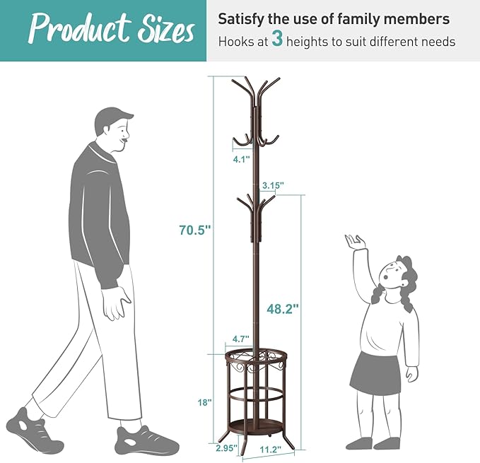 Coat Rack with Umbrella Holder, Metal Coat Rack Stand with 12 Hooks, for Entryway, Hallway, Living Room, Bedroom