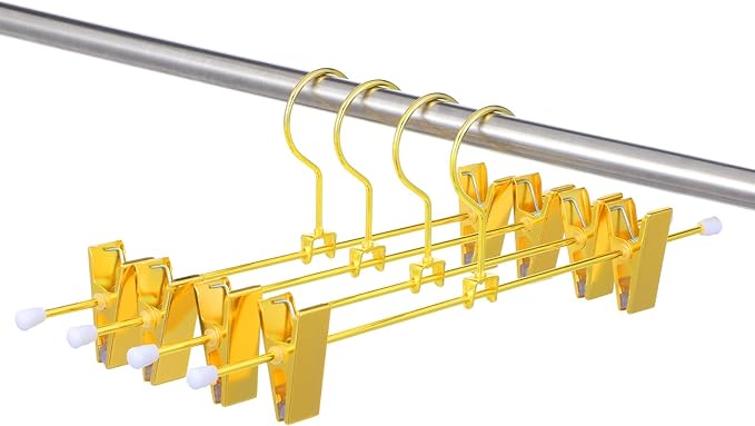 20 Pack Shiny Gold Metal Hangers 12 Inch Gold Pants Skirts Hanger with 2 Adjustable Non Slip Clips and Swivel Hook Sturdy Skirt Hangers with Clips for Skirts Slacks Jean Trousers