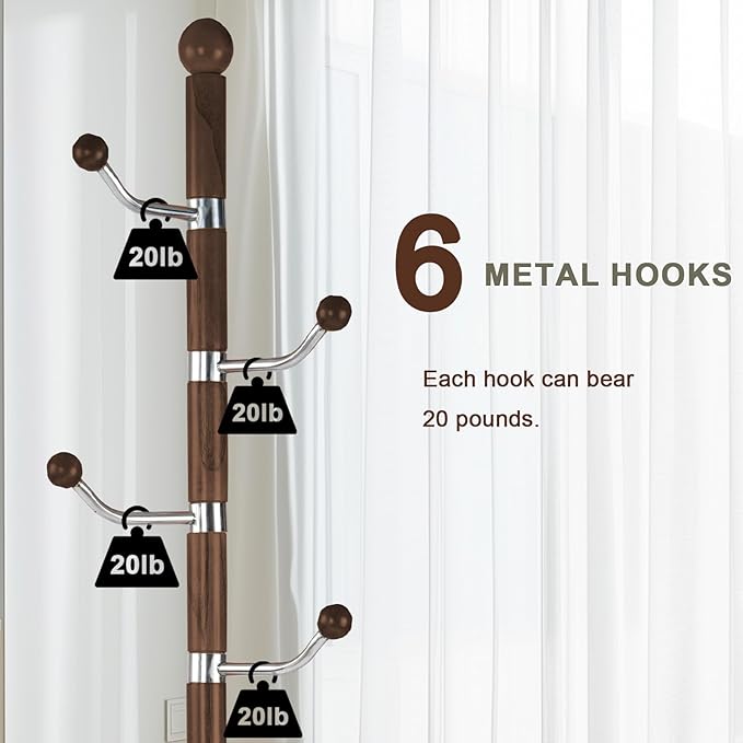 Wooden coat rack stand, Heavy duty coat racks tree freestanding with 6 Hooks and Sturdy Round Base, Coat tree for jacket,Hats, Bags, Purses, clothes (Round base-Walnut)