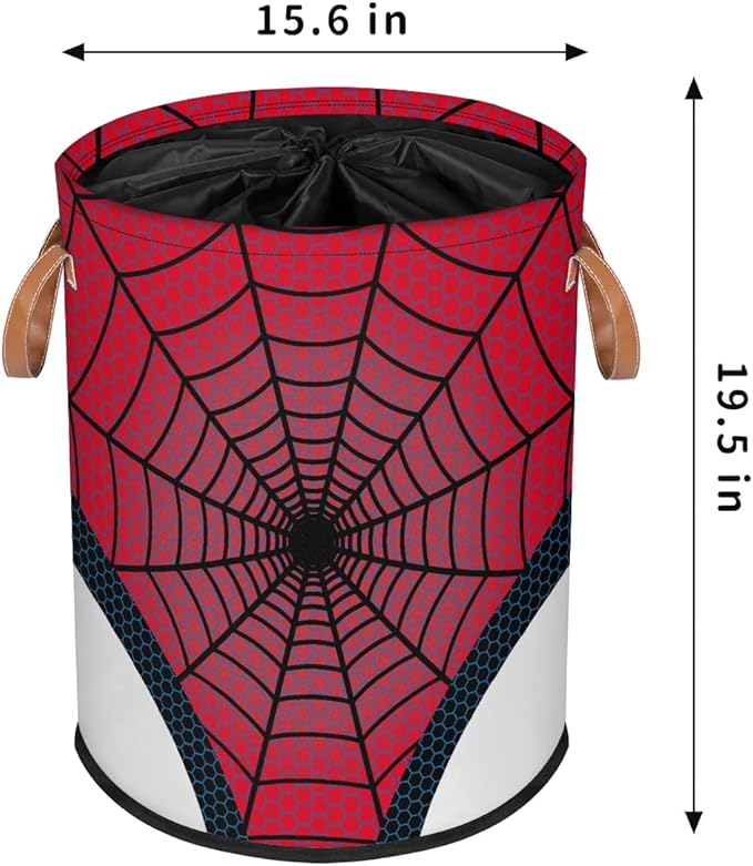 Large Laundry Hamper Basket with Lid, Round Collapsible Storage Organizer Bin for Kids Room, Boys, Nursery, Closet, Bedroom, Playroom, Toys, Dirty Clothes, Red Spider Web 16"W x 20"H