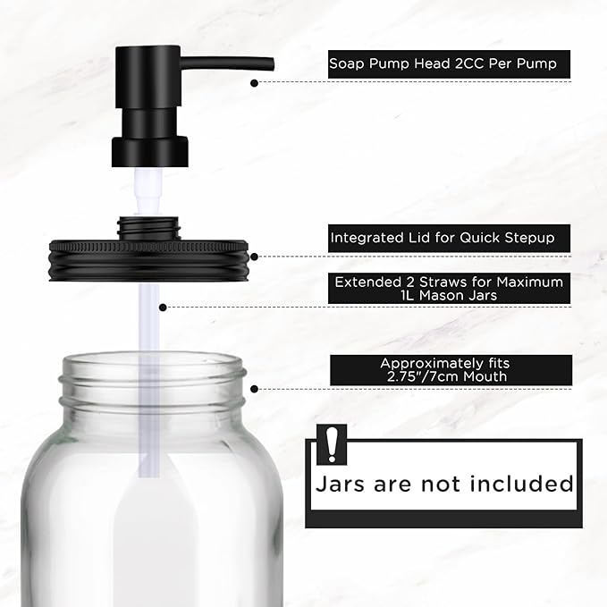 Mason Jar Soap Dispenser Set, Rustproof Plastic Lotion Pump and Lids Accessories for Regular Mouth Mason Jar and Farmhouse Kitchen Counter Decor- 4 Pack Black