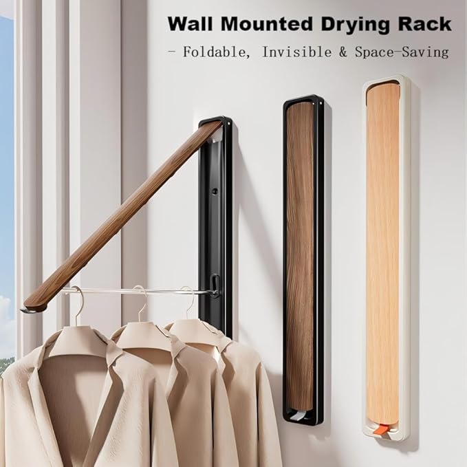Retractable Wall Mounted Drying Rack - Foldable Clothes Hanger in Walnut or Oak Color for Laundry Room, Closet & Balcony (Walnut, 2 Racks + Rod)