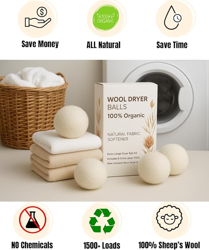 6XL 100% Organic Wool Dryer Balls – New Zealand Wool, Reusable Up to 1500 Loads, Fragrance-Free, Eco-Friendly Laundry Solution – 6-Pack in Gift-Ready Box Great idea for Christmas gift wool dryer ball.