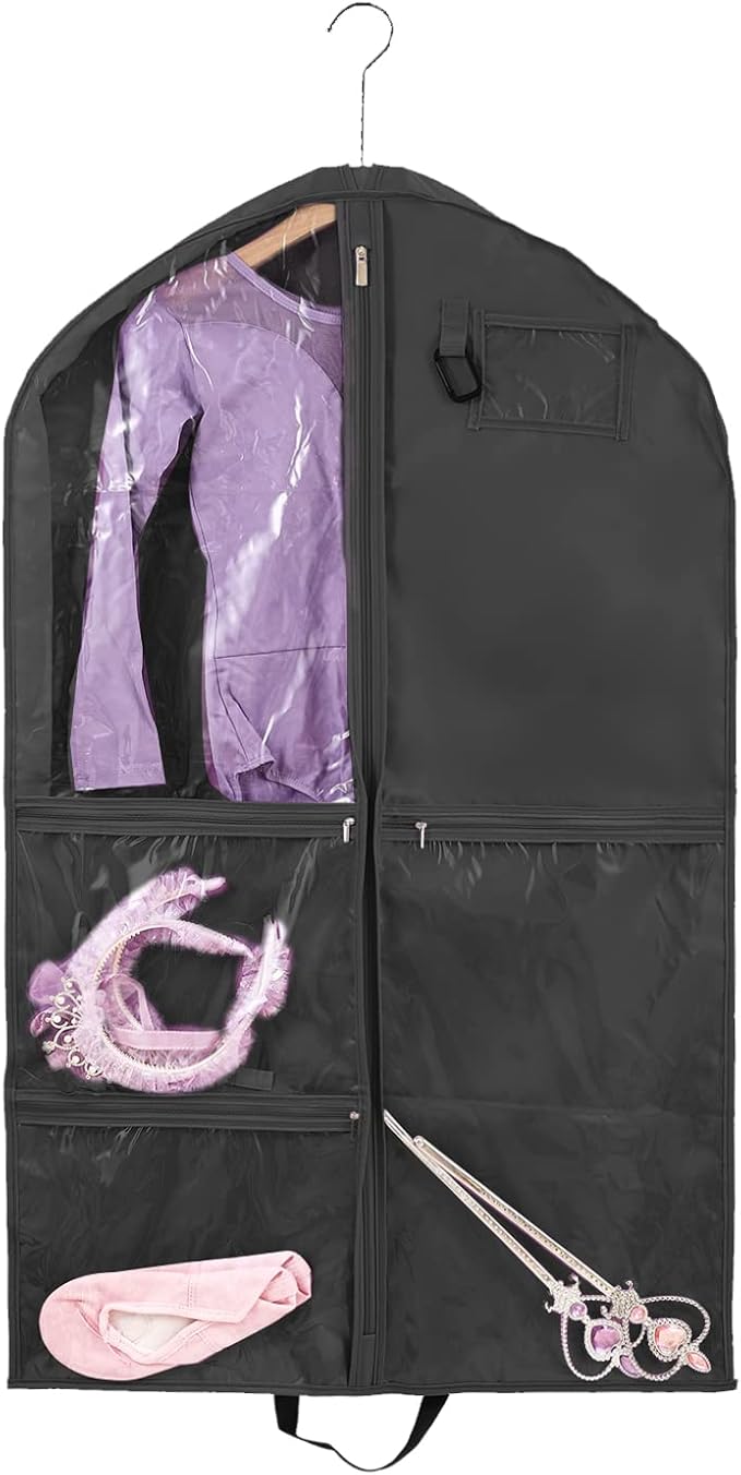 1 Pack Garment Bag for Travel Storage,Dance Costumes Competition Bag,Girls Dress Recital Dance Bag Kids Garment Bags for Hanging Clothes,Clear Cheer Uniform Garment Bag.Black