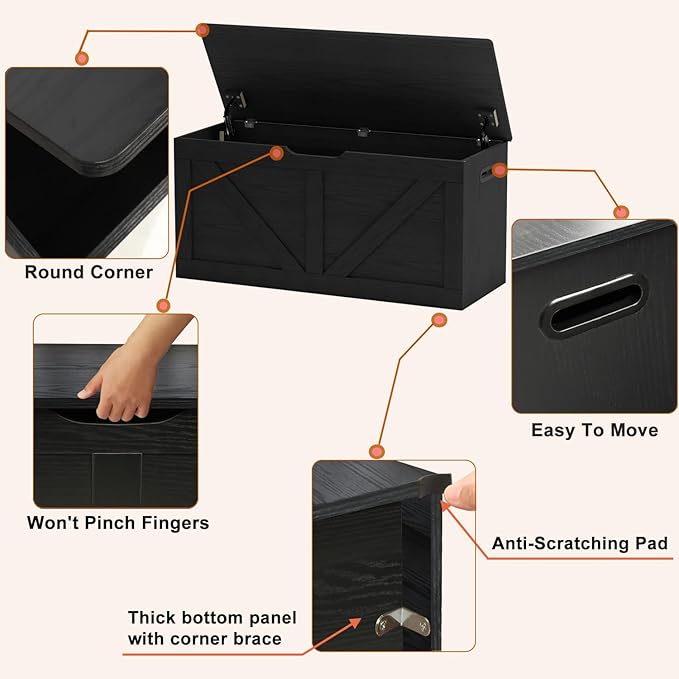 39.4" Storage Chest, Wooden Storage Bench, Large Storage Trunk with 2 Safety Hinges, Entryway Shoes Bench for Living Room, Bedroom, Black