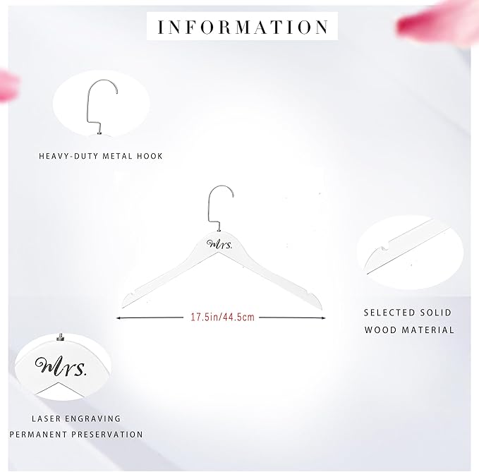 Mr. and Mrs. Wooden Bride Hanger, Wedding Dress Hangers, Set of 2 (White + Vintage)
