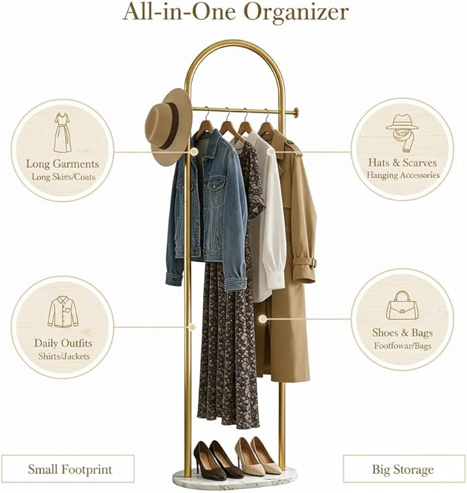 CloudDream Gold Clothing Rack with Marble Base,Modern Rack Freestanding,Metal Garment Rack Suitable for Entryway,Bedroom,Living Room,Boutiques