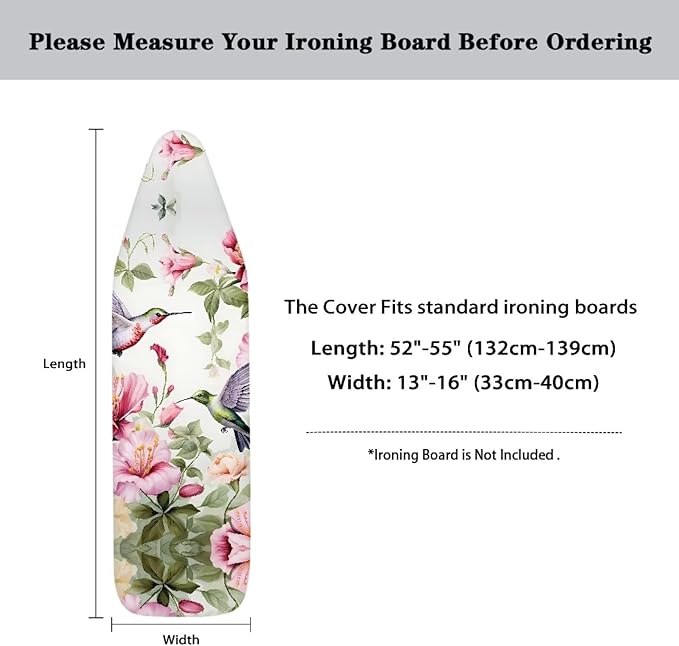 Hummingbird Floral Ironing Board Cover Standard Size 15x54, Thick Padding Elastic Edge Resist Scorching and Staining Heavy Duty Padded Iron Board Covers