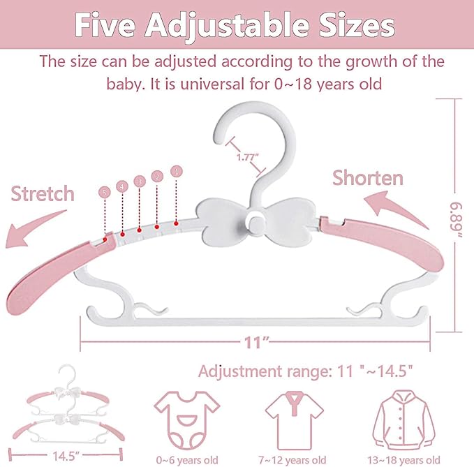 Baby Clothes Hangers, 11-14.5" Adjustable Kid Hangers for Newborn Closet, Plastic Small Infant Hanger for Toddler Pant, Child Coat Hanger for Boy Nursery Clothing, Girl Dresses, 50 Pack