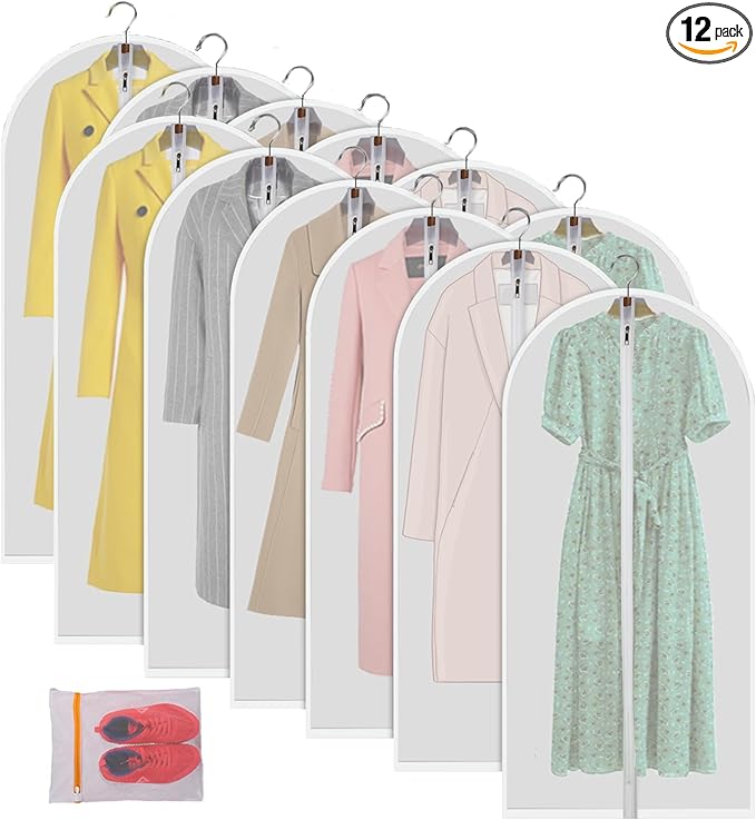 Clear Garment Bags Hanging Clothes Bags (Set of 12) for Closet Storage Plastic Bag with Zipper for Suit, Sweaters Travel Laundry Wardrobe Closet Garment Dust Cover Bags - 24'' x 48''/12 Pack