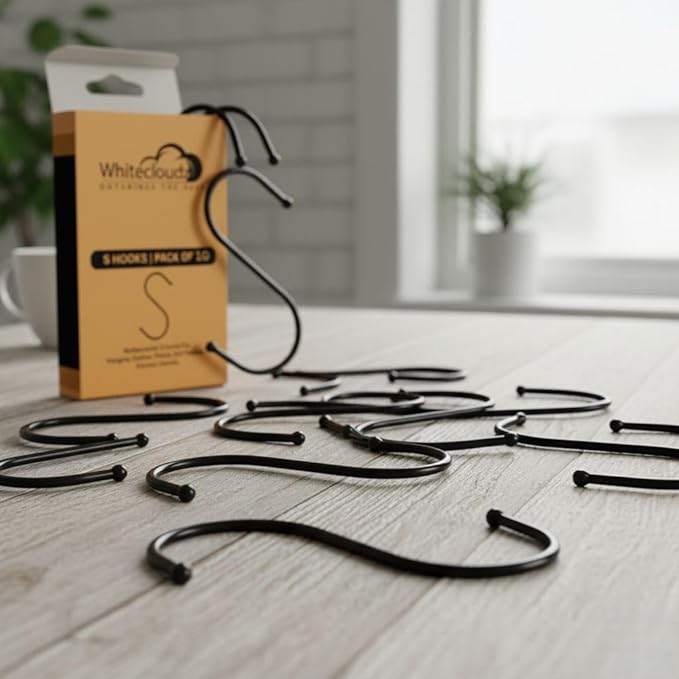 WHITECLOUDZ 20-Pack Black S Hooks for Hanging Plants, Metal S Hooks for Hanging Heavy-Duty, Closet Hooks for Hanging Clothes, Durable Kitchen Hooks for Hanging Utensils, Pots, Clothes & Bag