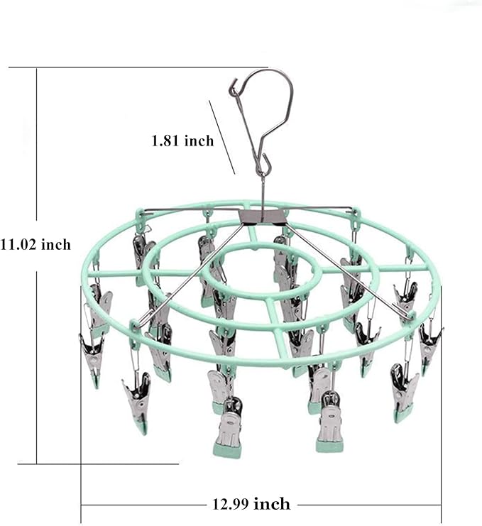 Stainless Steel Clothes Sock Drying Rack with 24 Clips, Swivel Hook Windproof Clothes Hanger Rack for Sock, Bras, Towel, Underwear, Hat, Scarf, Gloves, Pants Laundry Clothes (Green Clips)