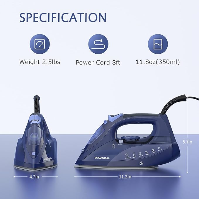 BEAUTURAL Steam Iron for Clothes with Precision Thermostat Dial, Ceramic Coated Soleplate, 3-Way Auto-Off, Self-Cleaning, Anti-Calcium, Anti-Drip Blue