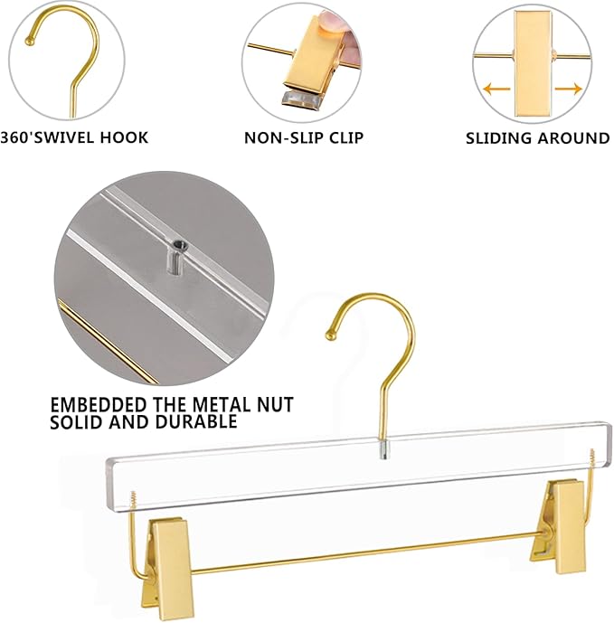 Besser Gold Acrylic Hangers,10 Pack Clear Hanger with Gold Hook,Luxurious Skirt Pants Hangers Clips for Clothing Closet Storage