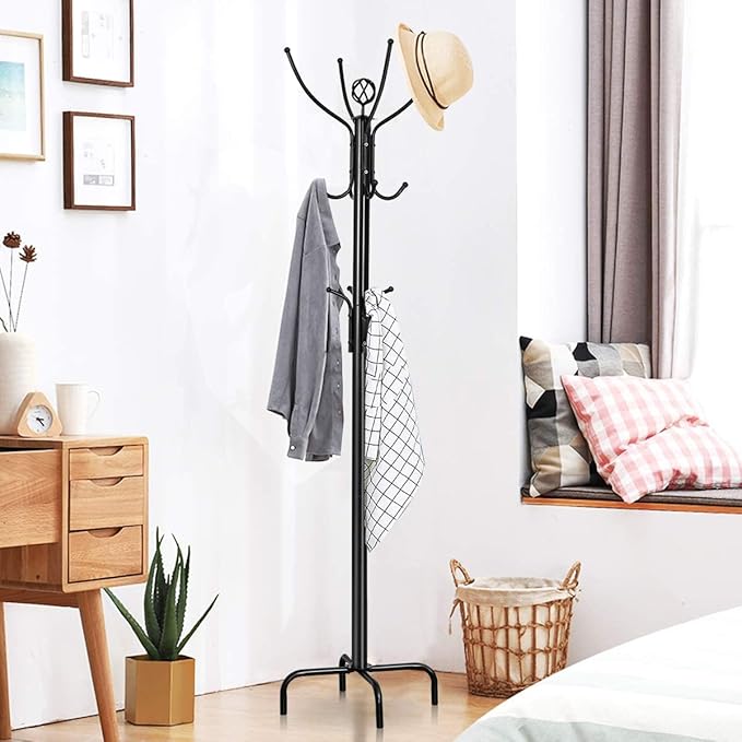 MEDIMALL Coat Rack Freestanding, Metal Hall Tree, Free Standing Coat Tree for Hat, Coat, Jacket, Umbrella, Entryway Coat Hanger Stand with Base, Black