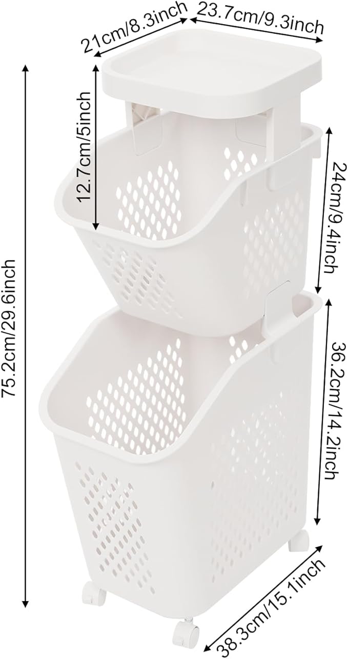 2 Tiers Rolling Laundry Hamper, White Plastic Laundry Basket Holder with Wheels, Vertical Laundry Hamper Sorter Cart, Rolling Clothes Hamper Organizer for Bathrooms Bedrooms