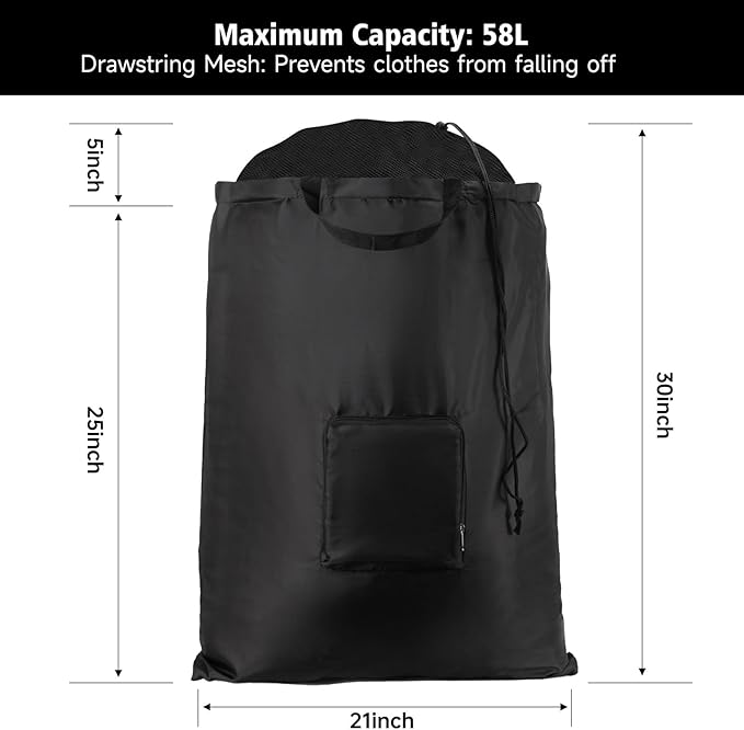 2 Packs Travel Laundry Bags, CLEADUS Foldable Dirty Clothes Bag 【Upgraded】 with Drawstring Mesh, Handles, and Carabiner, Portable, Suitable for Travel, Gym, Camping (Black+Gray)