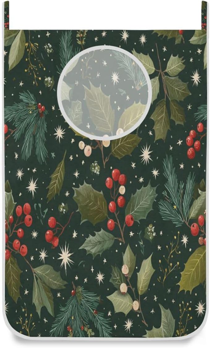 Green Christmas Holly Berries Pine Needles Leaves Hanging Laundry Hamper Door Hampers Bag Basket with Stainless Steel Hooks Oxford Fabric Printing Decorative Clothes Bags 29.5X20inch 1Pack