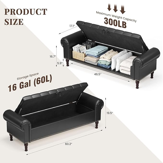 YOUDENOVA 60" Storage Bench with Rolled Arms, Upholstered Bed Bench with Vintage Rivets, PU Leather Bench for Bedroom End of Bed, Living Room, Entryway, Black