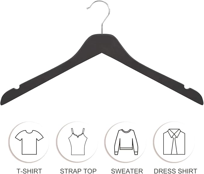 TOPIA HANGER Black Wooden Hangers, 0.28-inch Slim Wood Clothes Hanger with Flat Design and Smooth Notches, Lightweight Space Saving Hangers for Shirt, Coat, Camisole, 10 Pack-Matte Black, CT29B