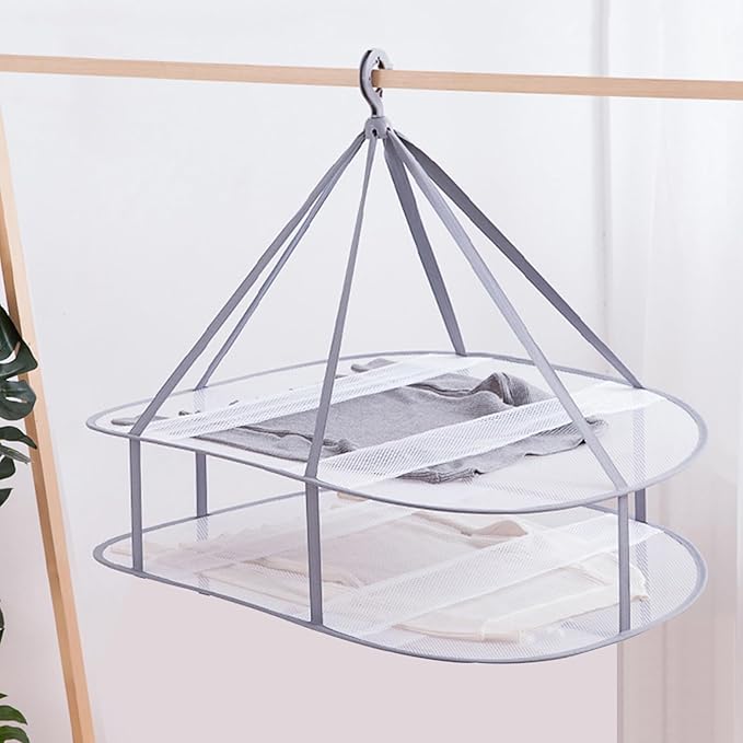 2 Tier Folding Mesh Clothes Drying Rack with Internal Fixation Stackable Sweater Drying Rack Portable Hanging Laundry Rack for Sweater,T-Shirt,Delicates,Swimsuit (2 Pack)